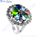 Load image into Gallery viewer, Sterling silver flower ring with a variety of colorful gemstones and marcasite accents.
