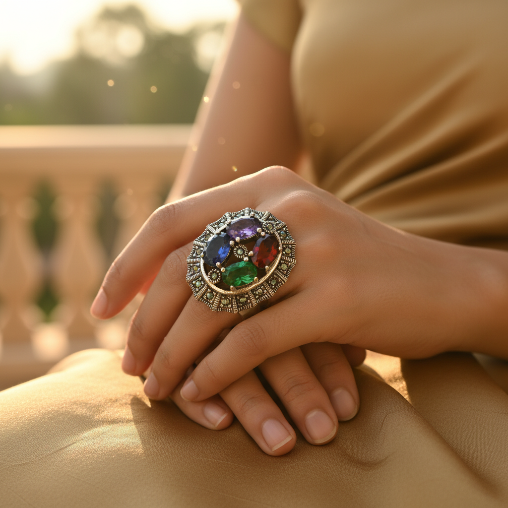 Anillo de plata con piedras preciosas | Anillo multicolor para mujer