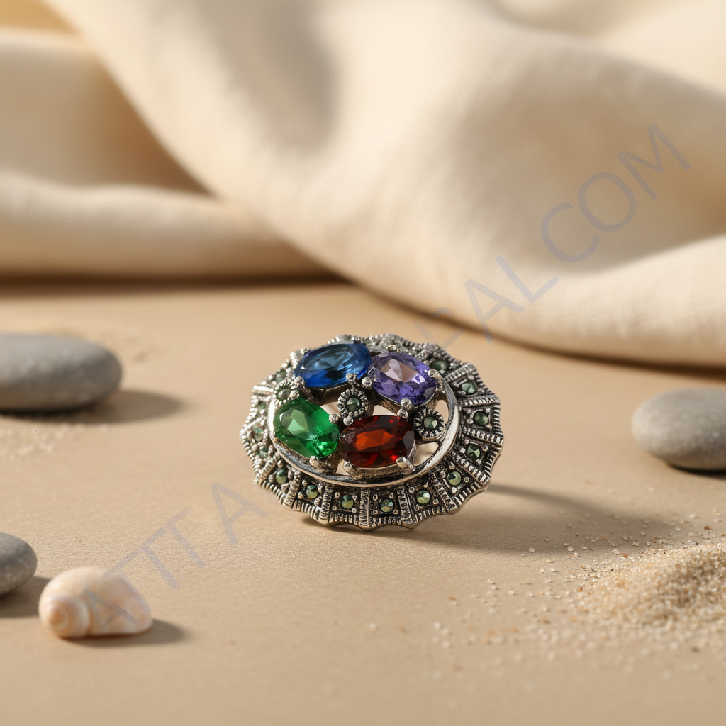 Anillo de plata con piedras preciosas | anillo multicolor para mujer