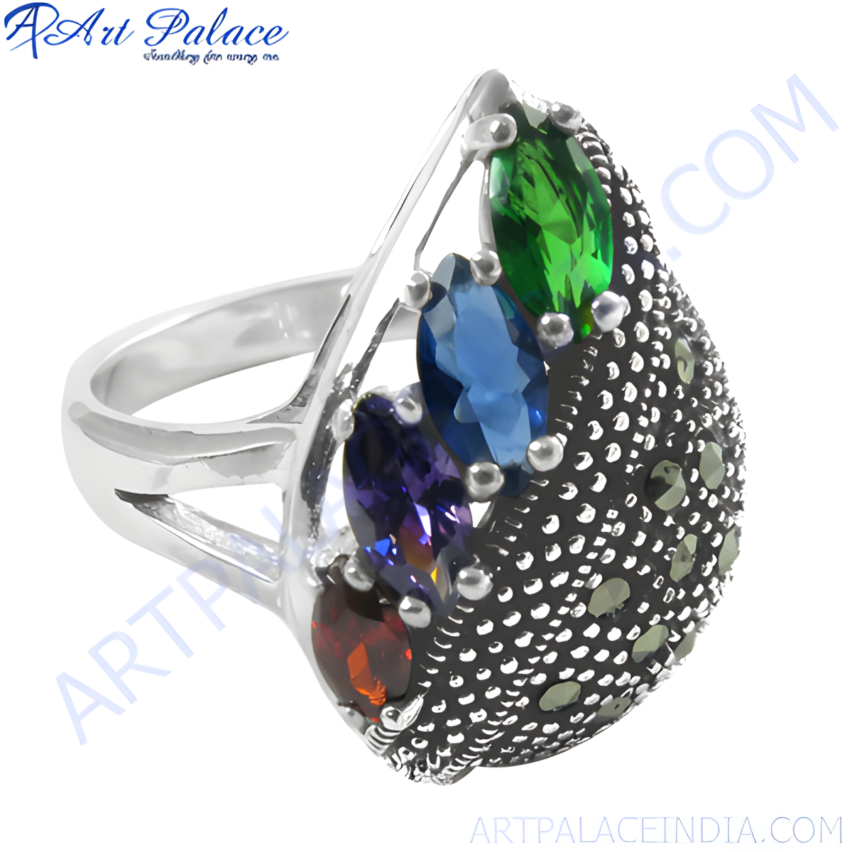 925 sterling silver cocktail ring featuring multi colored gemstones, designed for women's fashion