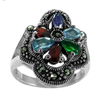 925 Silver Multi-Gemstone Flower Ring for Women | Gift