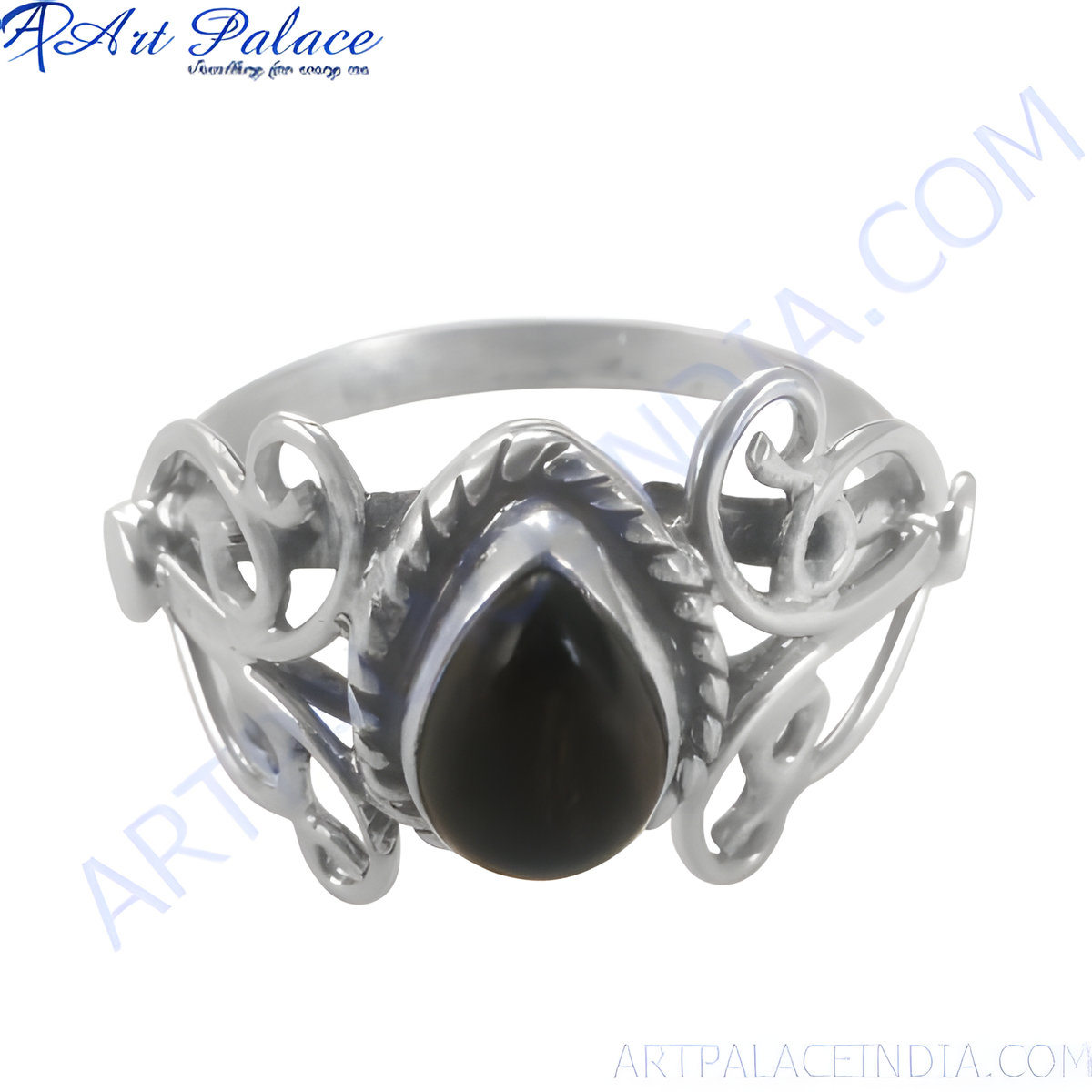 925 sterling silver teardrop ring with a dark black onyx gemstone center