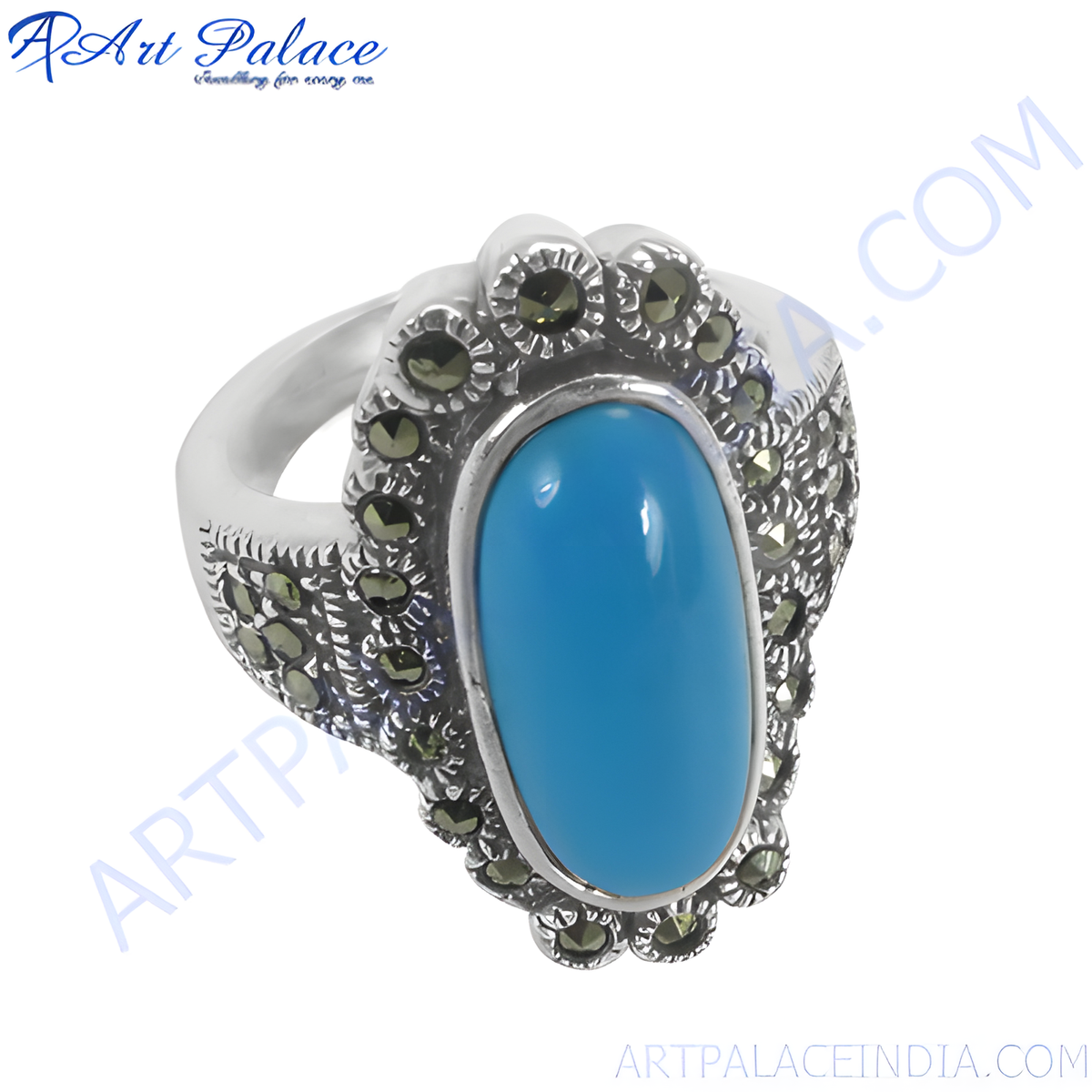 925 sterling silver cocktail ring with oval turquoise gemstone and marcasite accents