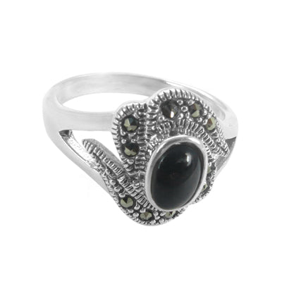 925 Silver Onyx & Marcasite Ring for Women | Gift Jewelry