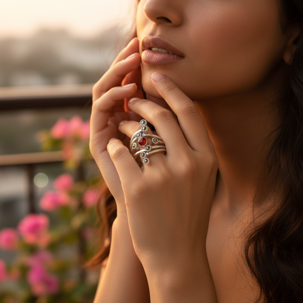 925 Silver Red Gemstone Ring with Marcasite for Women