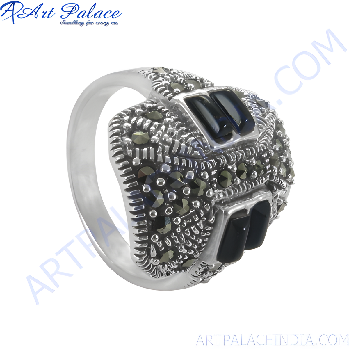 Sterling silver ring with intricate marcasite detailing and black onyx stones