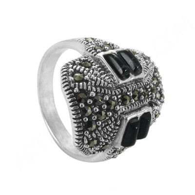 925 Silver Marcasite Ring with Black Onyx Stones | For Women