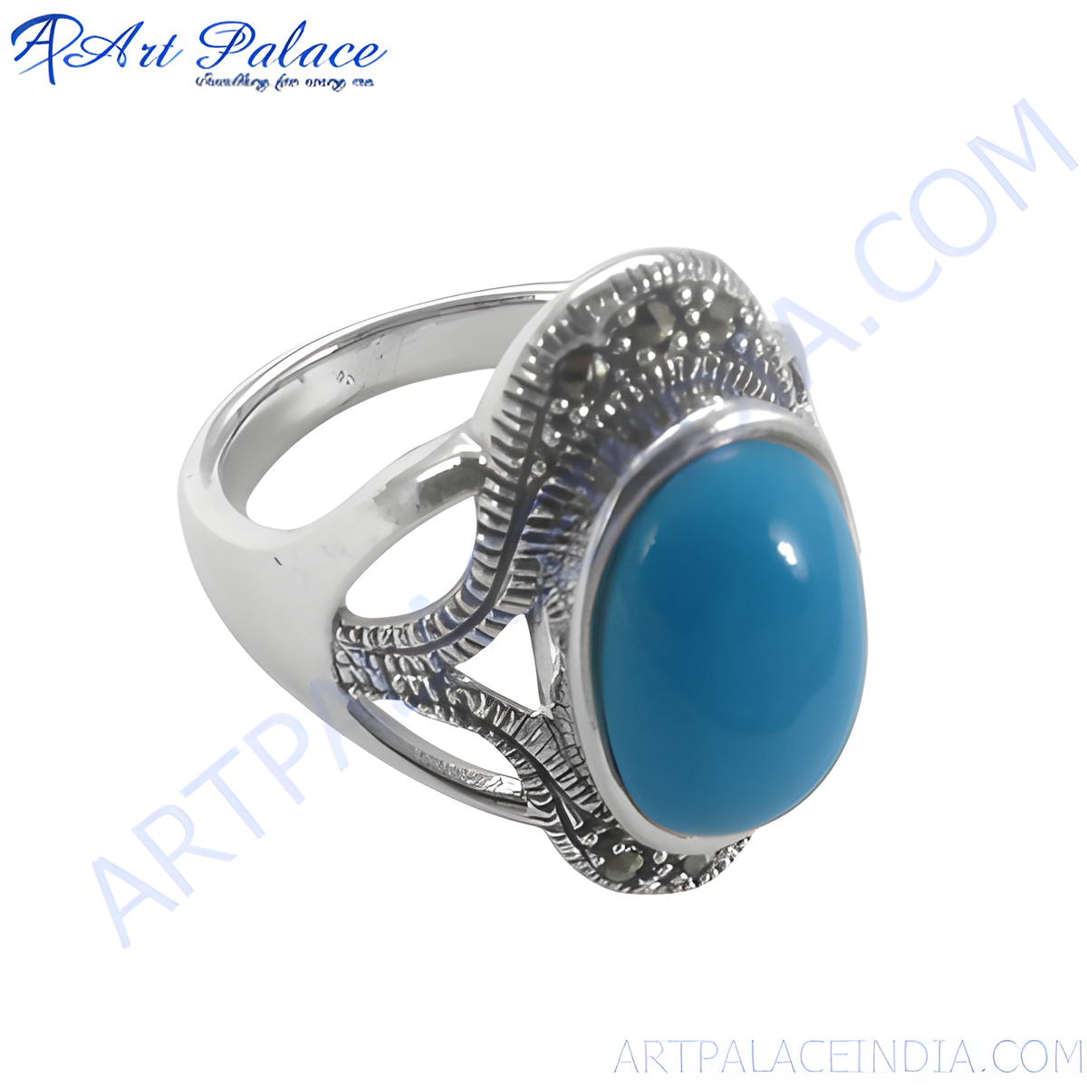 925 sterling silver turquoise ring with marcasite accents, blue gemstone ring for women