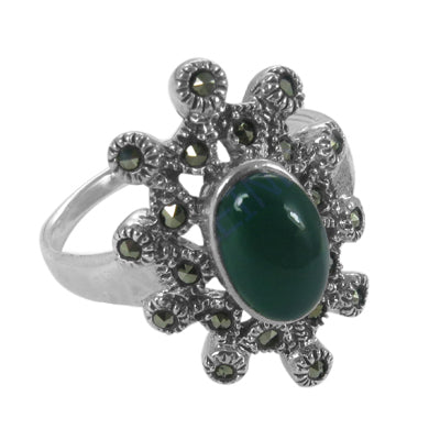 925 Silver Green Onyx Ring with Marcasite for Women