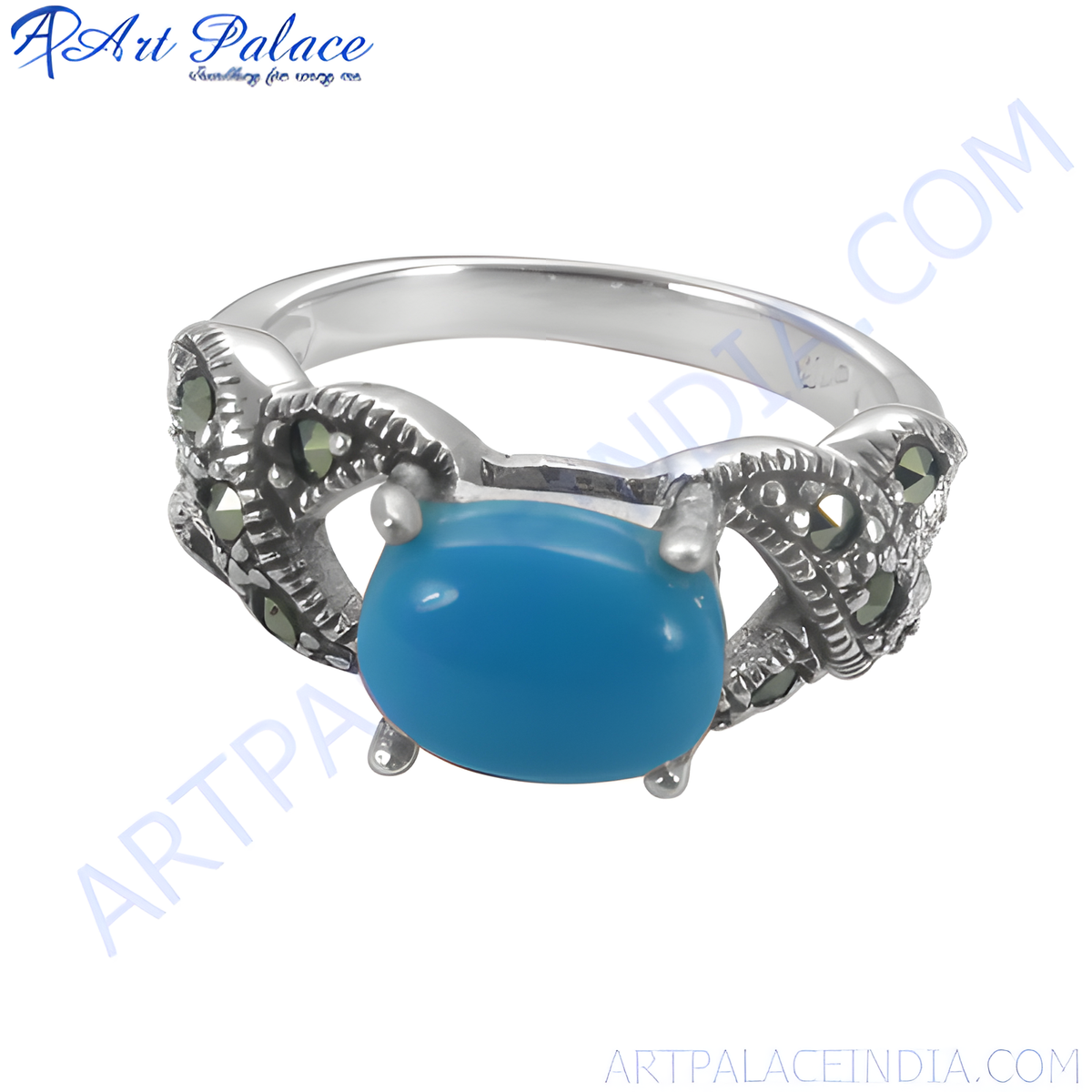 925 sterling silver turquoise gemstone ring with marcasite accents and a unique design