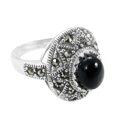 925 Silver Onyx Marcasite Ring for Women | Statement Jewelry