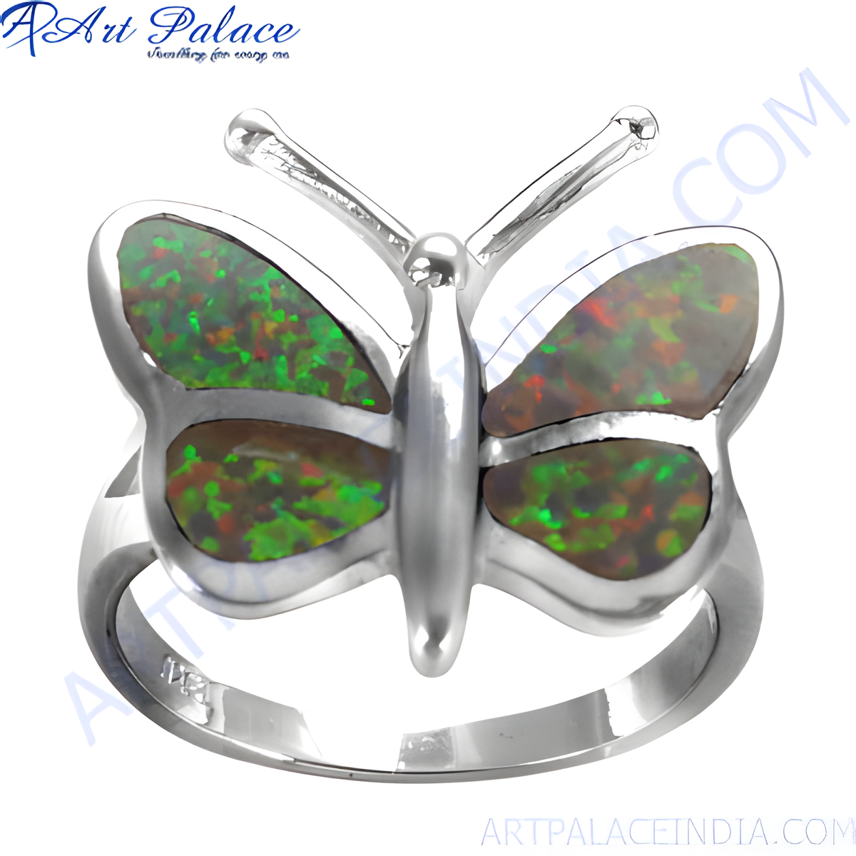 Sterling silver butterfly ring with vibrant green and red opal gemstones