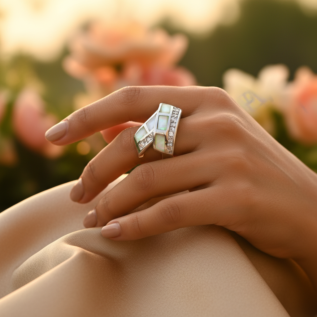 Silver opal ring for women | geometric design | art palace