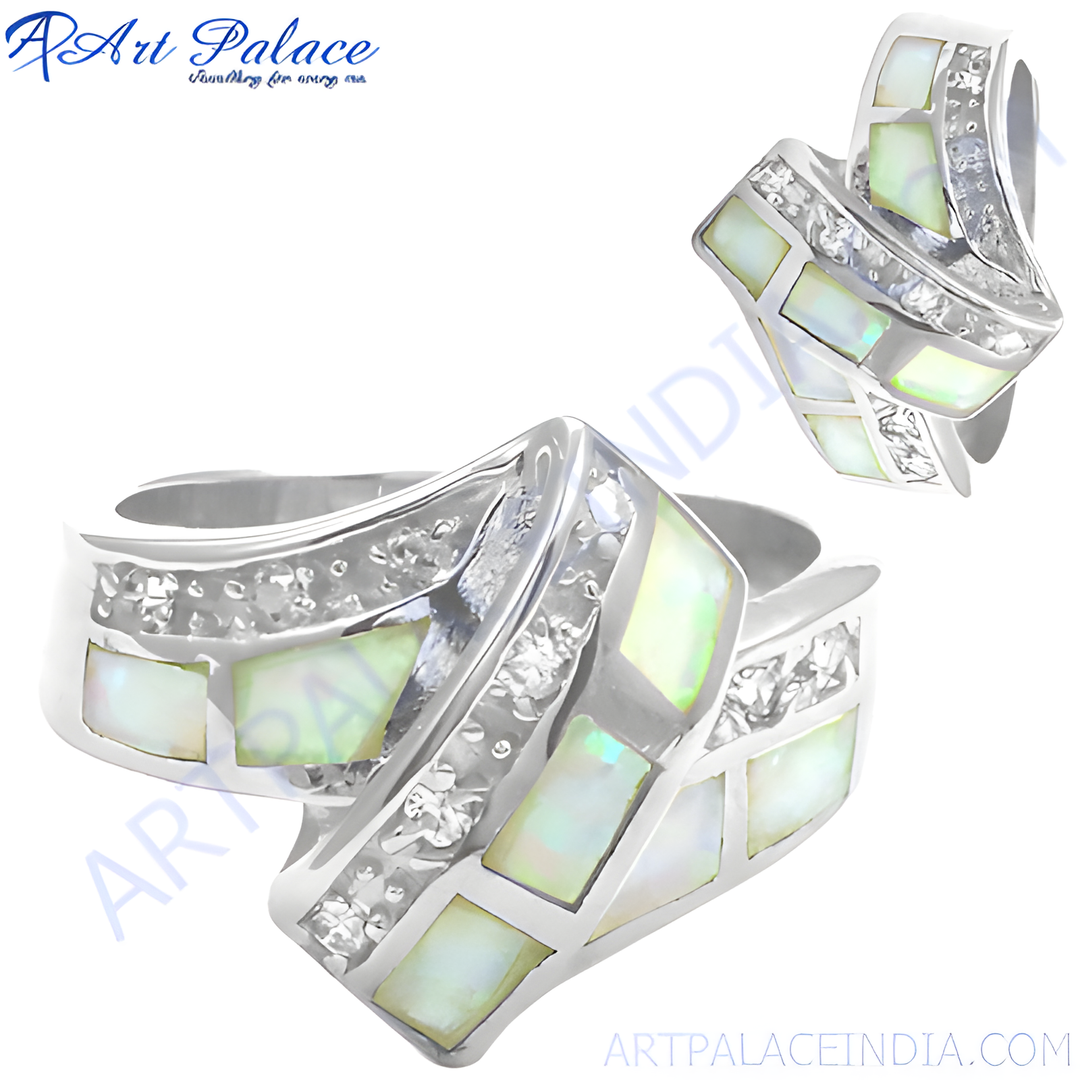 Sterling silver geometric ring with rectangular opal gemstones set in a modern design