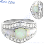 Load image into Gallery viewer, Silver opal ring with mother of pearl and cubic zirconia accents

