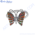 Load image into Gallery viewer, Sterling silver butterfly ring with vibrant red and green opal stone inlay for women.
