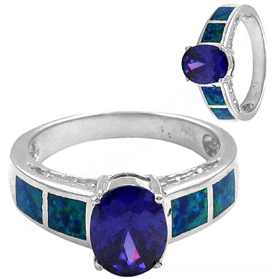 925 silver oval blue gemstone ring | opal inlay for women