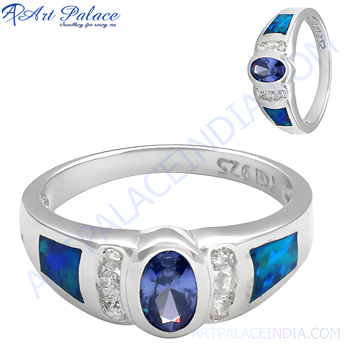 925 silver ring with oval tanzanite center stone and blue opal accents