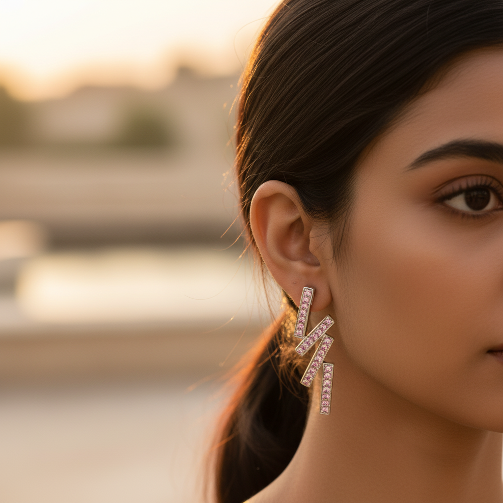 Silver Stud Earrings with Pink Crystal | Women's Jewelry Gift