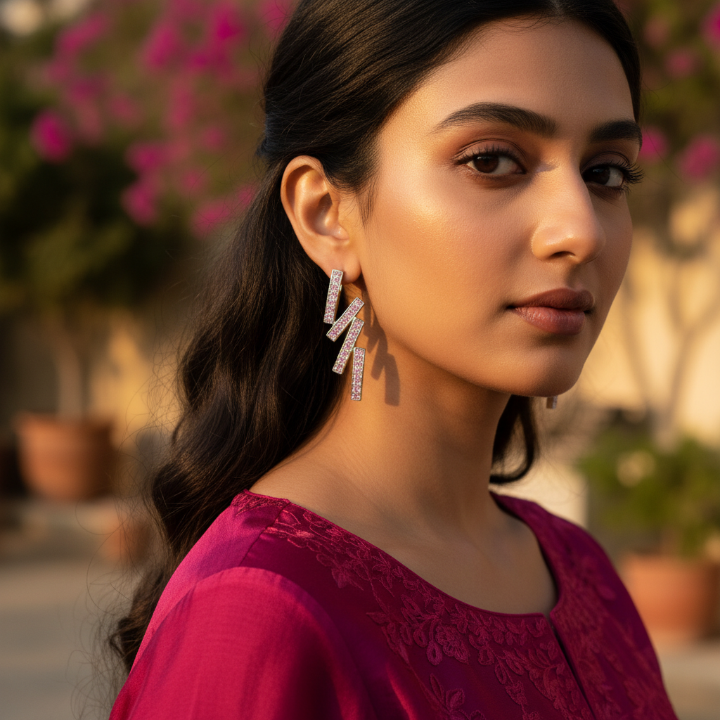 Silver Stud Earrings with Pink Crystal | Women's Jewelry Gift