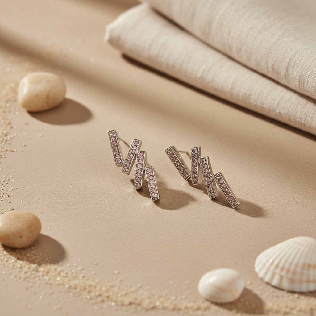 Silver Stud Earrings with Pink Crystal | Women's Jewelry Gift