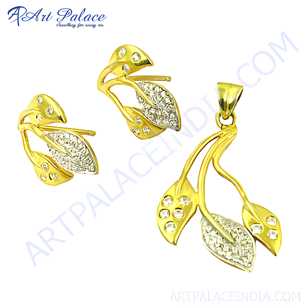 Gold plating leaf pendant and stud earrings set with sparkling crystals, perfect for women's jewelry