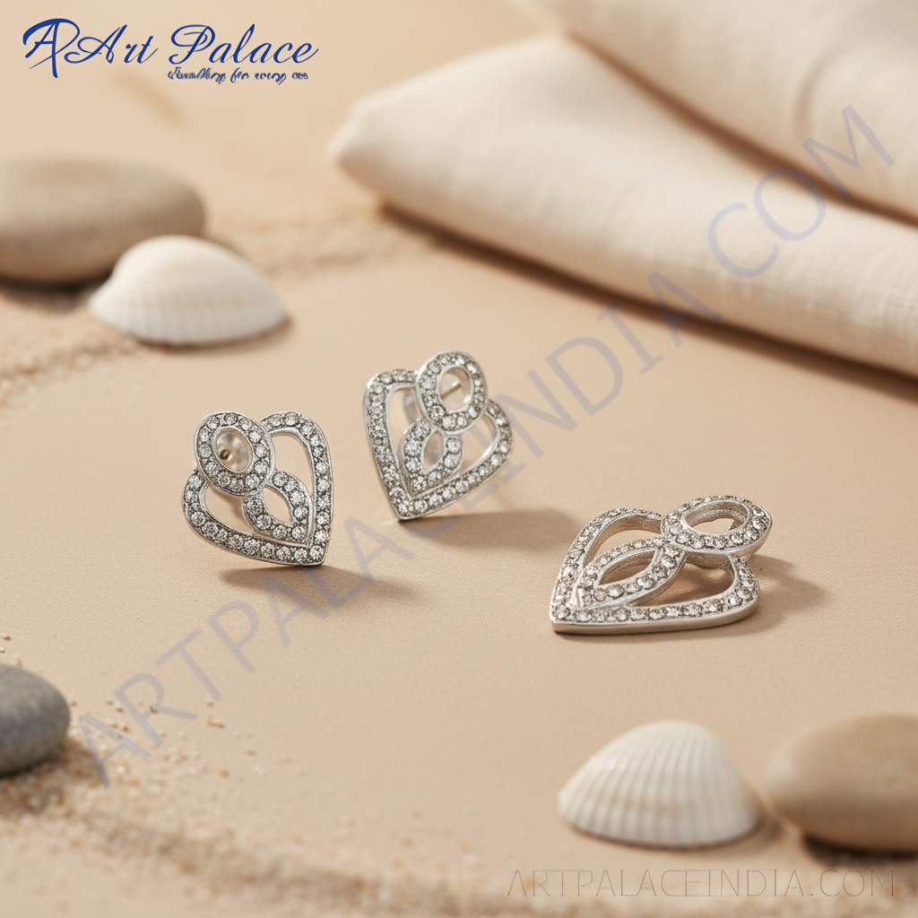Silver heart stud earrings for women | crystal embellished gift