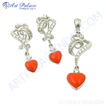 Load image into Gallery viewer, Sterling silver heart pendant earrings set with red coral gemstones, for women&#39;s jewelry.
