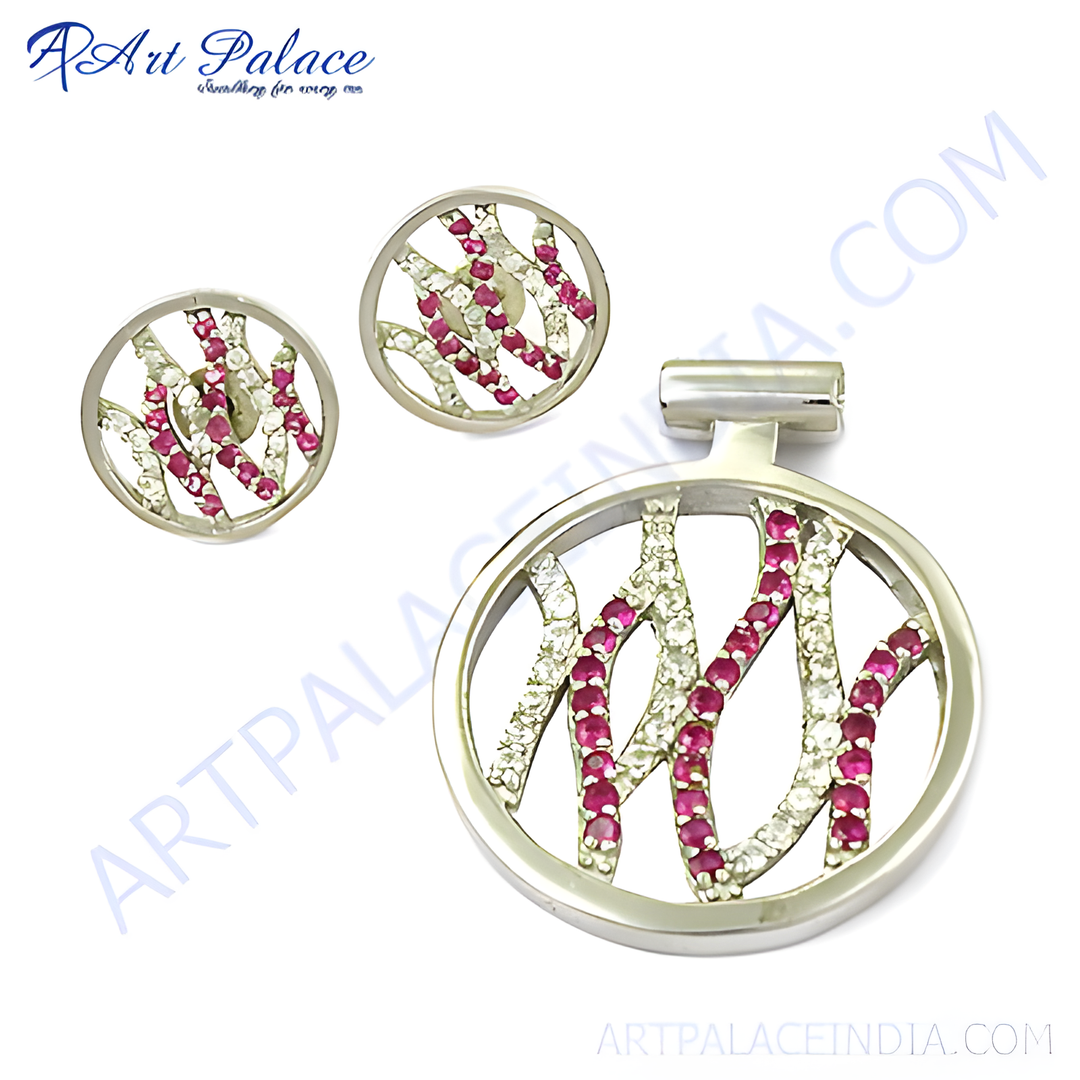 Sterling silver stud earrings and pendant set with round ruby gemstones and silver detailing