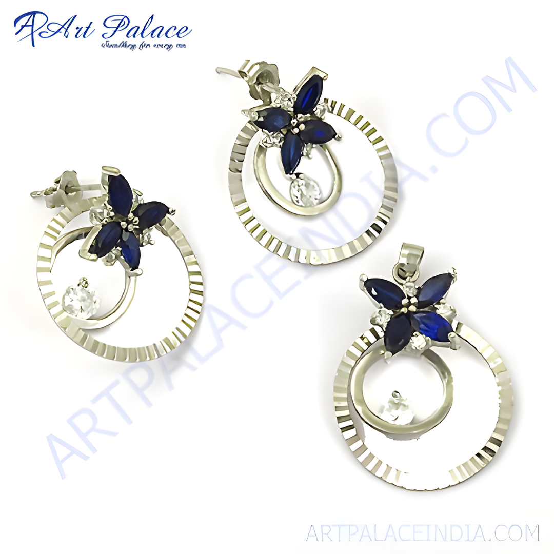 925 silver flower earrings and pendant set with blue sapphires, a beautiful and elegant jewelry set.