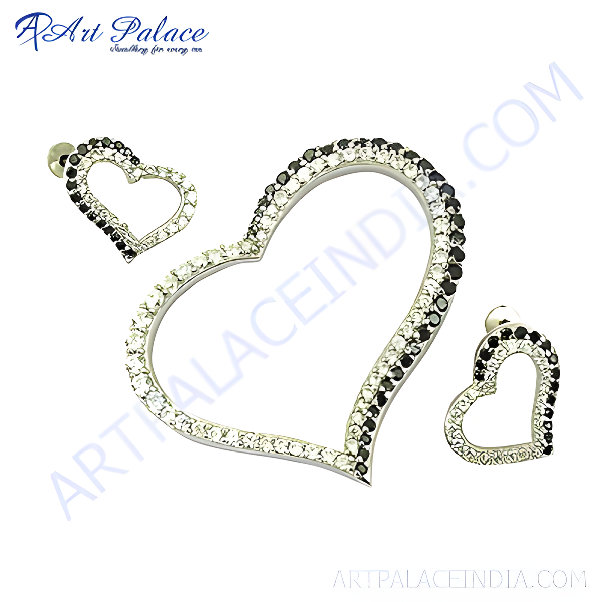 925 sterling silver heart stud earrings set with black and white cubic zirconia stones