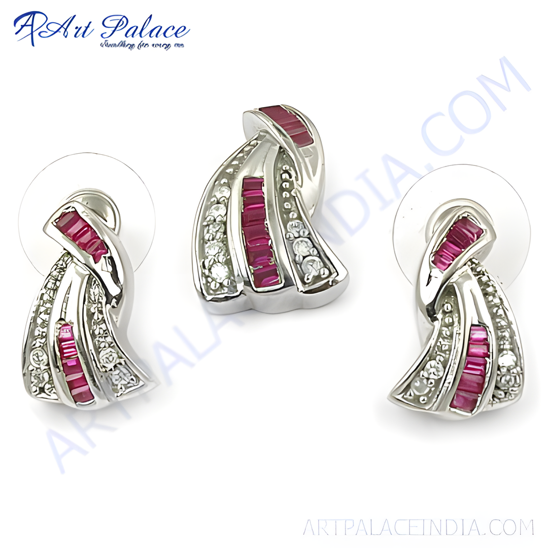 Silver earrings set with ruby gemstones, perfect for women, daily wear jewelry set