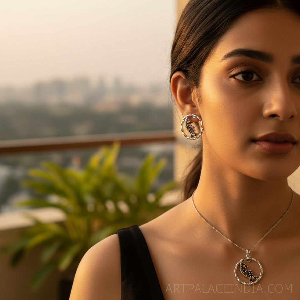 925银黑蓝宝石吊坠耳环套装 | 女士珠宝