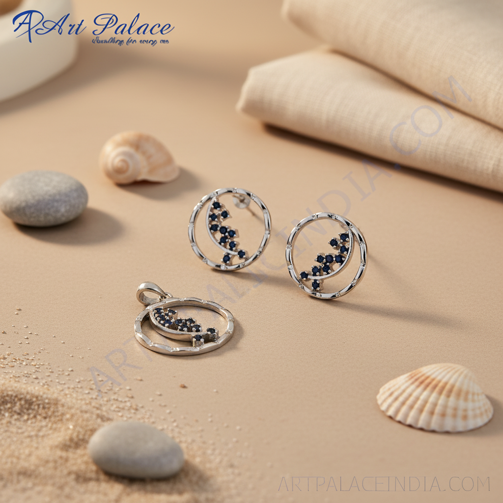 925银黑蓝宝石吊坠耳环套装 | 女士珠宝