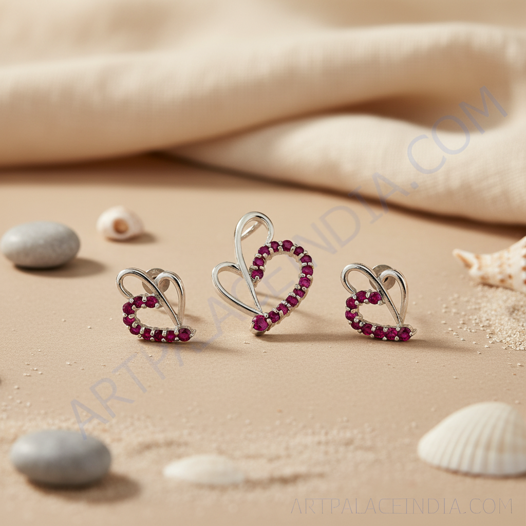 Silver Ruby Heart Jewelry Set | Earrings & Pendant | For Women