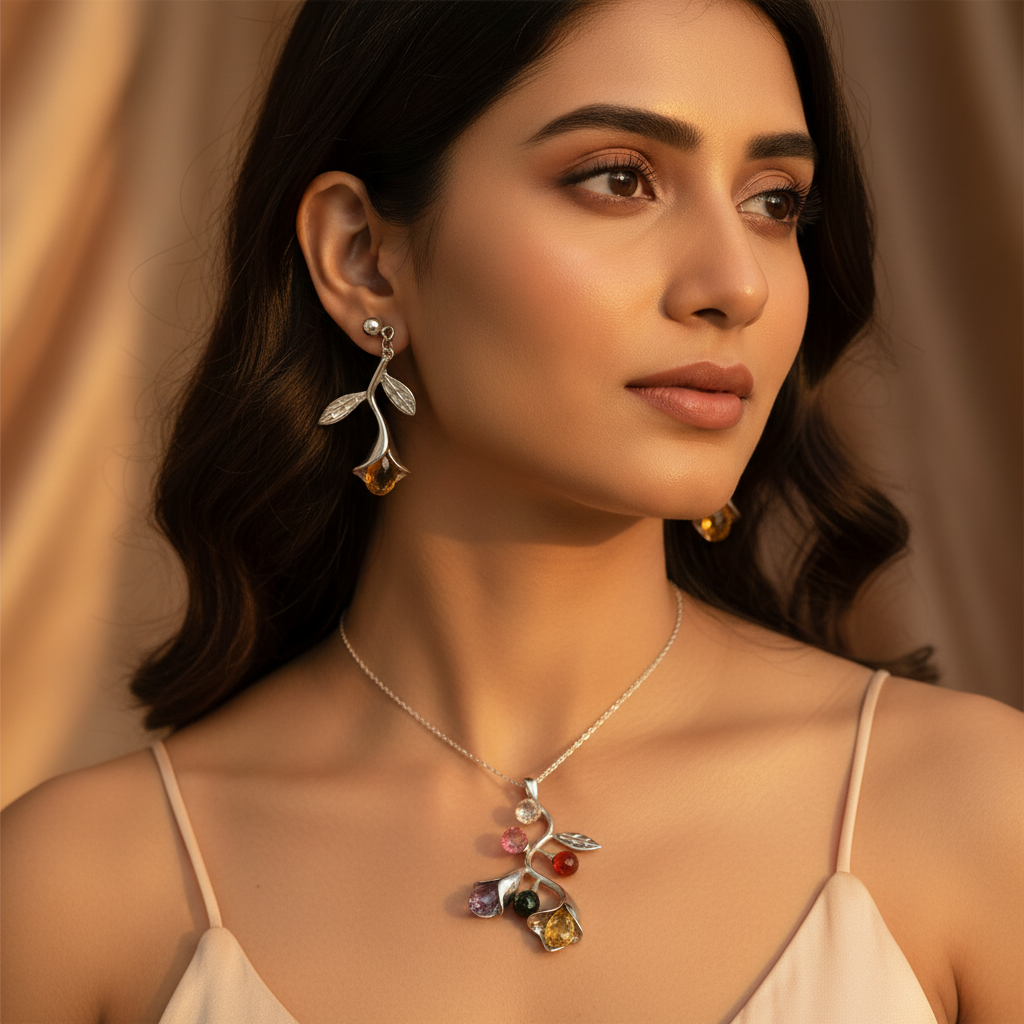 Silver Gemstone Flower Earrings Set | Women's Jewelry Gift