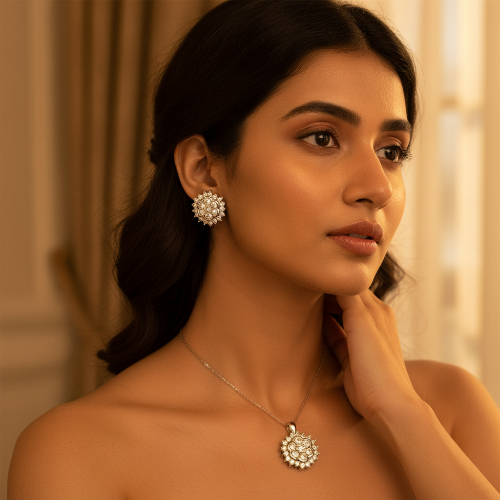 Silver Flower Earrings & Pendant Set | Cubic Zirconia Jewelry