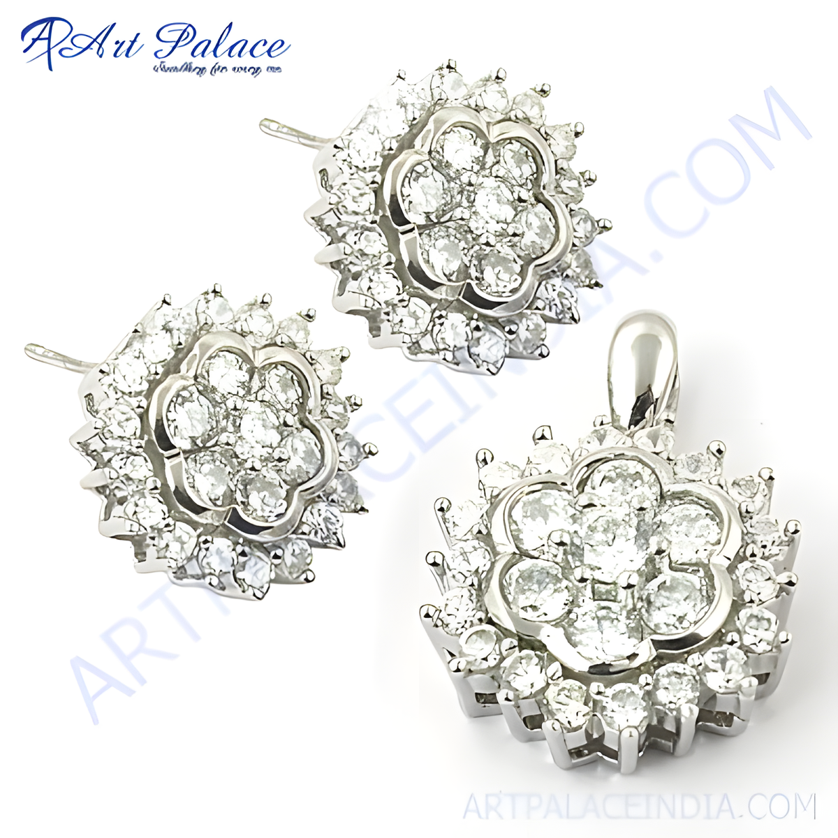 Silver flower earrings and pendant set with sparkling cubic zirconia gemstones, perfect for any occasion