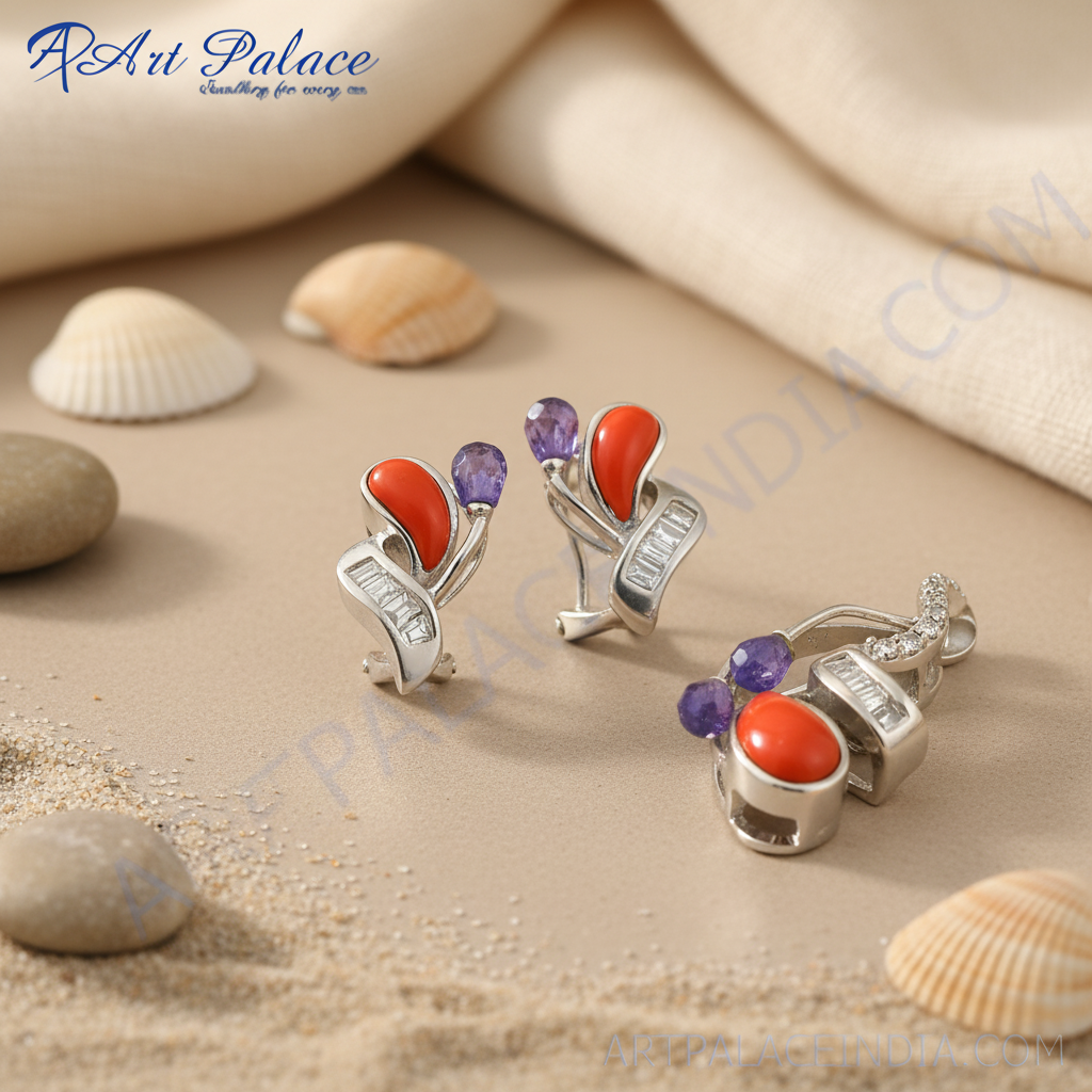 Silver Coral & Gemstone Earrings Set for Women | Luxury Jewelry