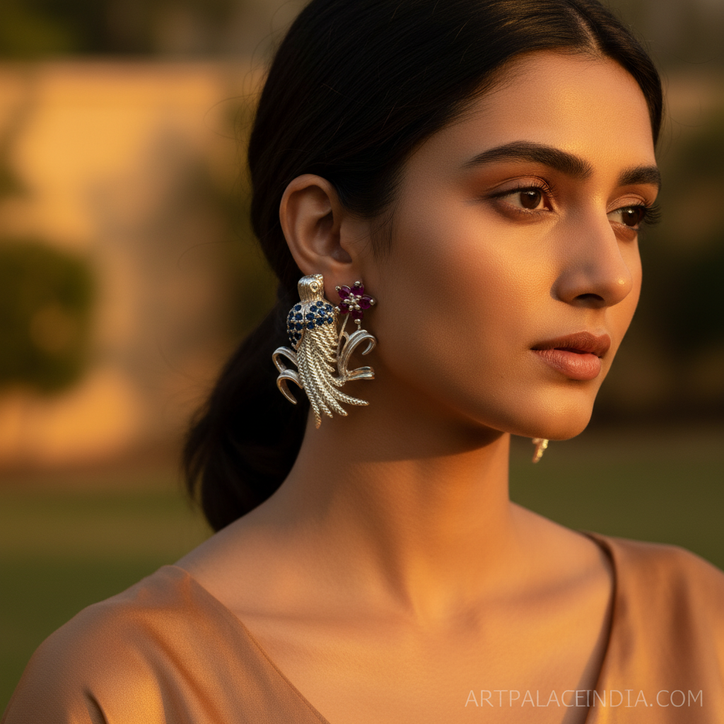 Silver Flower Earrings with Ruby & Sapphire | Women's Jewelry