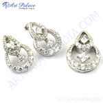 Load image into Gallery viewer, Silver earrings set with cubic zirconia stones, perfect for weddings and special occasions. Features a tear-drop and circular design.
