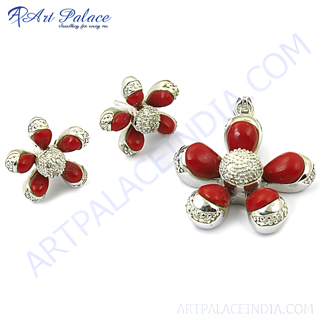 Silver flower jewelry set with red coral gemstones, includes pendant and earrings