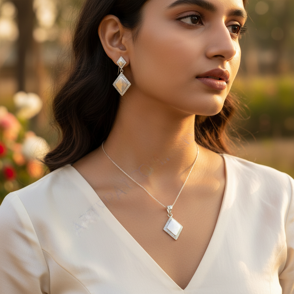 925纯银钻石形首饰套装 | 耳环和吊坠 | 礼品