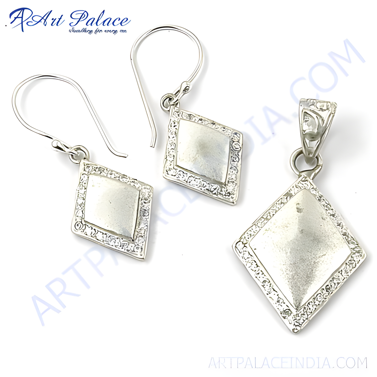 925 sterling silver diamond shape pendant and earring set on white background