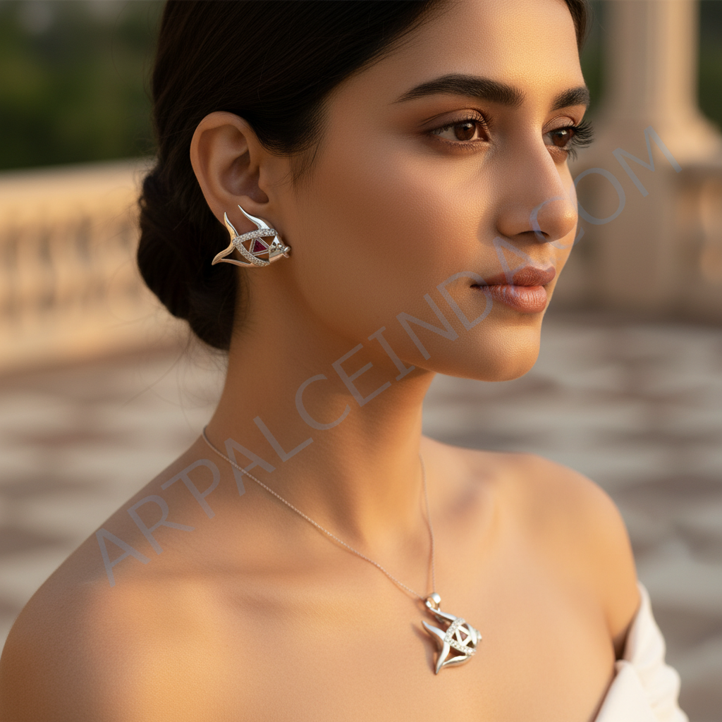 925纯银鱼形首饰套装，镶嵌红宝石，女士款