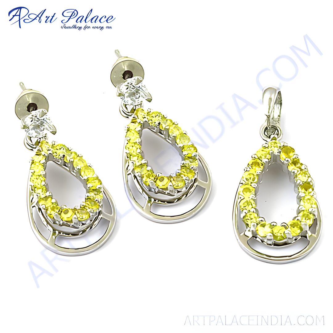 925 silver citrine earrings and pendant set with yellow gemstones