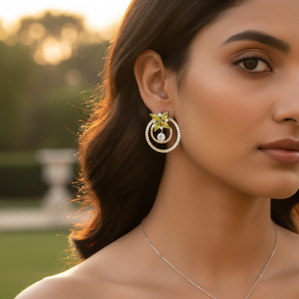 银色花朵耳环吊坠套装 | 黄色宝石首饰