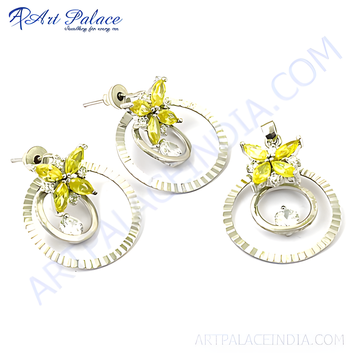 Silver flower earrings and pendant set with yellow gemstones and white accents, stylish design