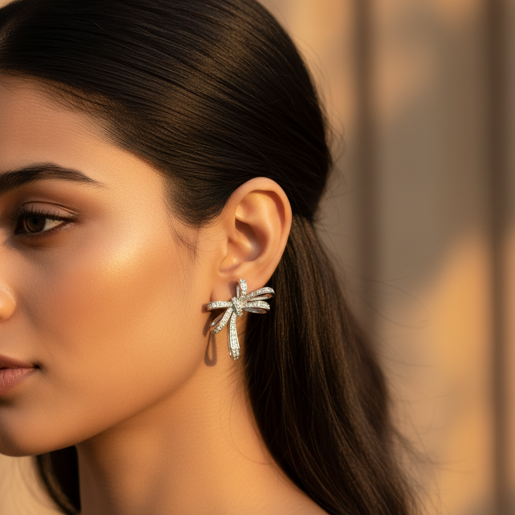 Silver Bow Stud Earrings | Cubic Zirconia | Women's Gift
