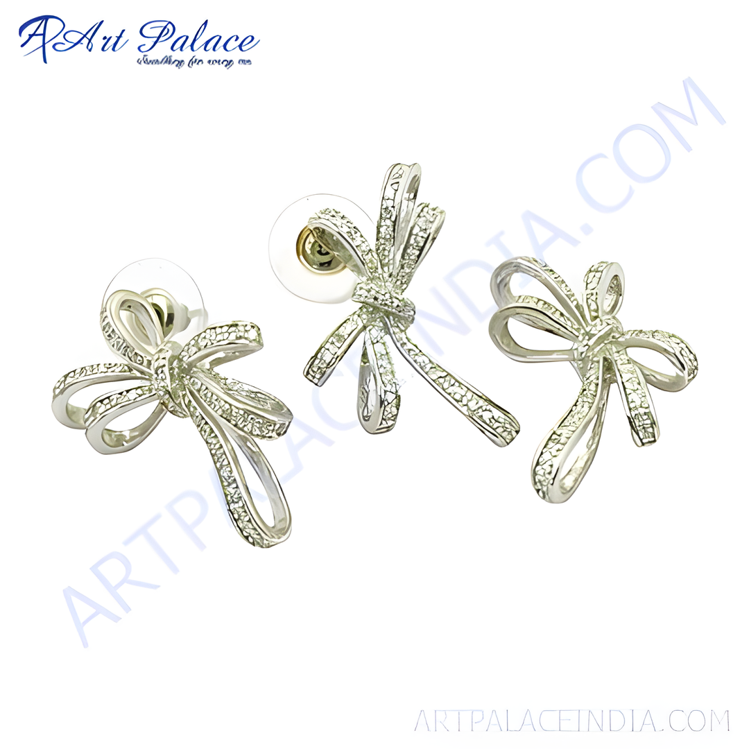 Silver bow stud earrings with sparkling cubic zirconia stones, perfect for women.